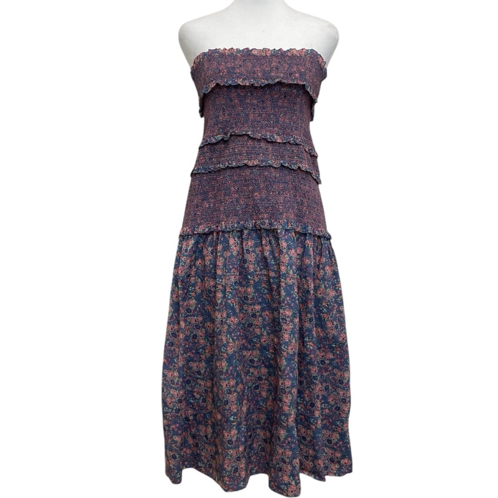 LoveShackFancy Blue & Pink Floral Smocked Ruffle Strapless Midi Dress Maxi Skirt